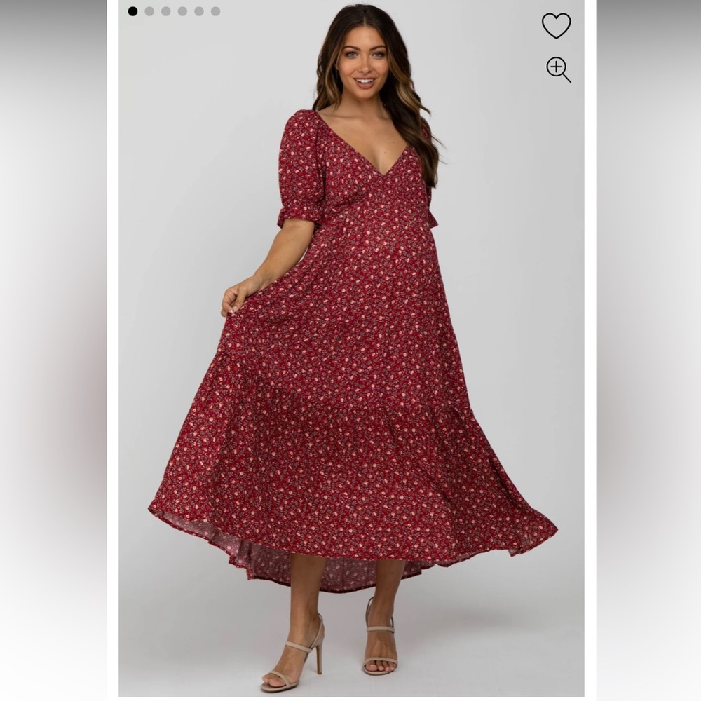 Red Floral Ruffle V-Neck Midi Dress (maternity and non-maternity) - Size M